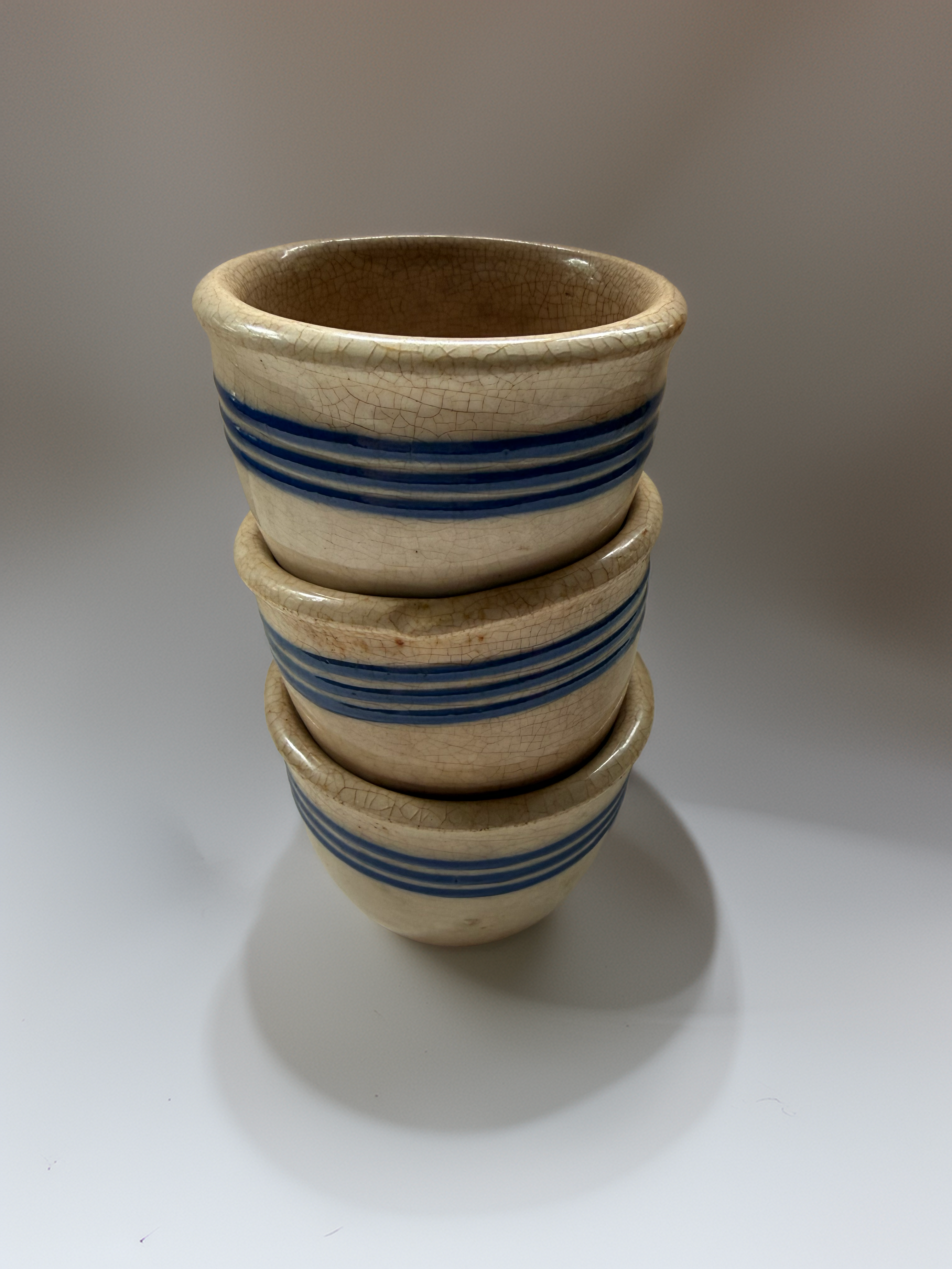 Set of 3 Vintage Blue Stripe Stoneware Crocks