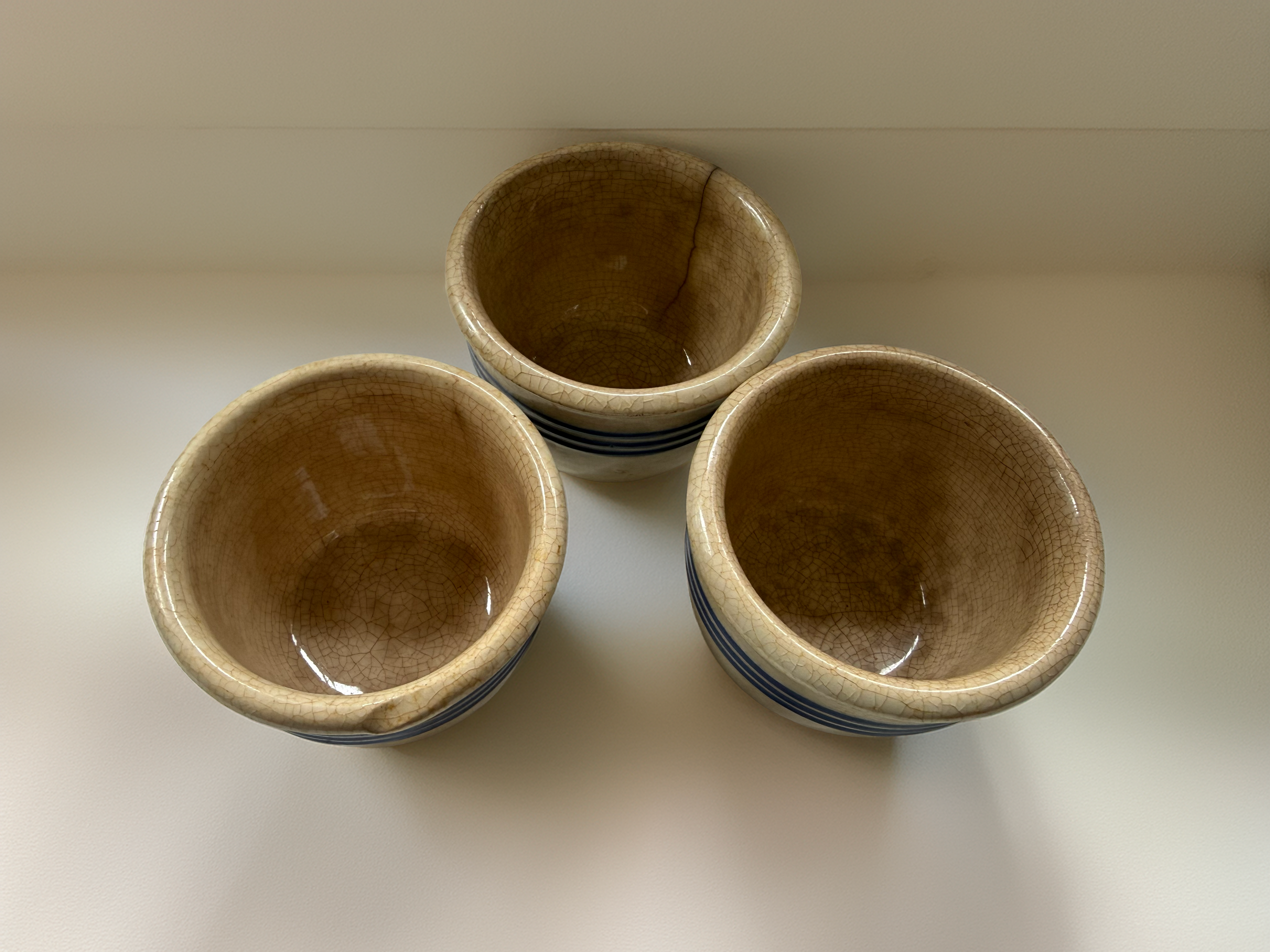 Set of 3 Vintage Blue Stripe Stoneware Crocks