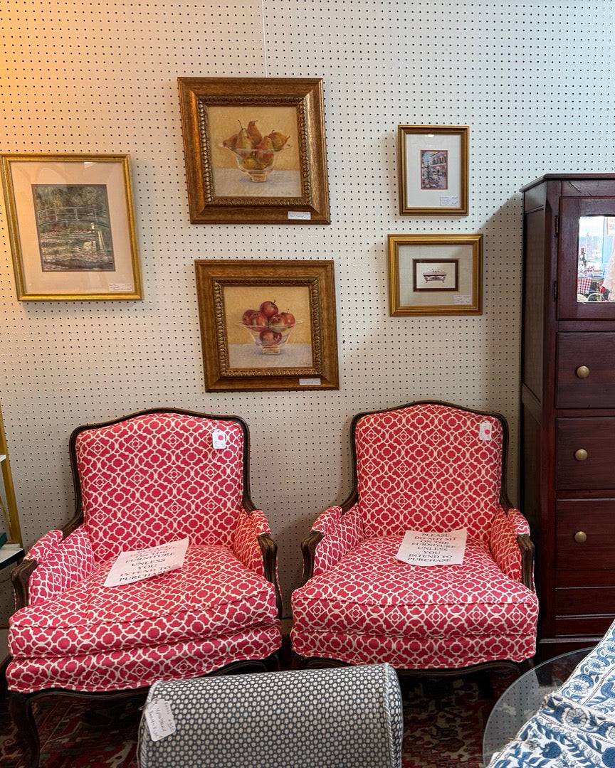 Pair of Vintage French Bergère Armchairs in Raspberry Quatrefoil