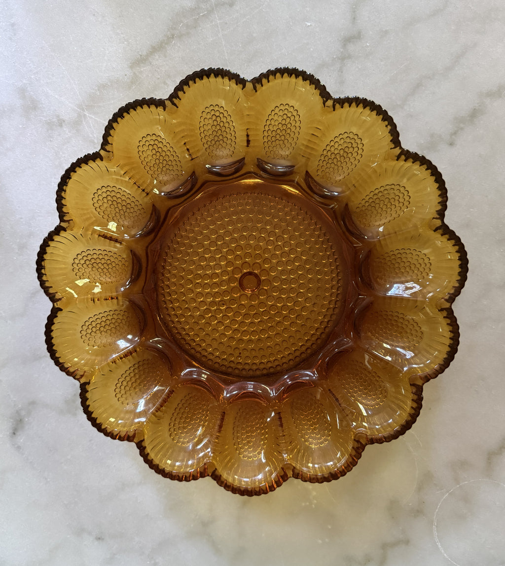 Amber Hobnail Glass Deviled Egg Plate