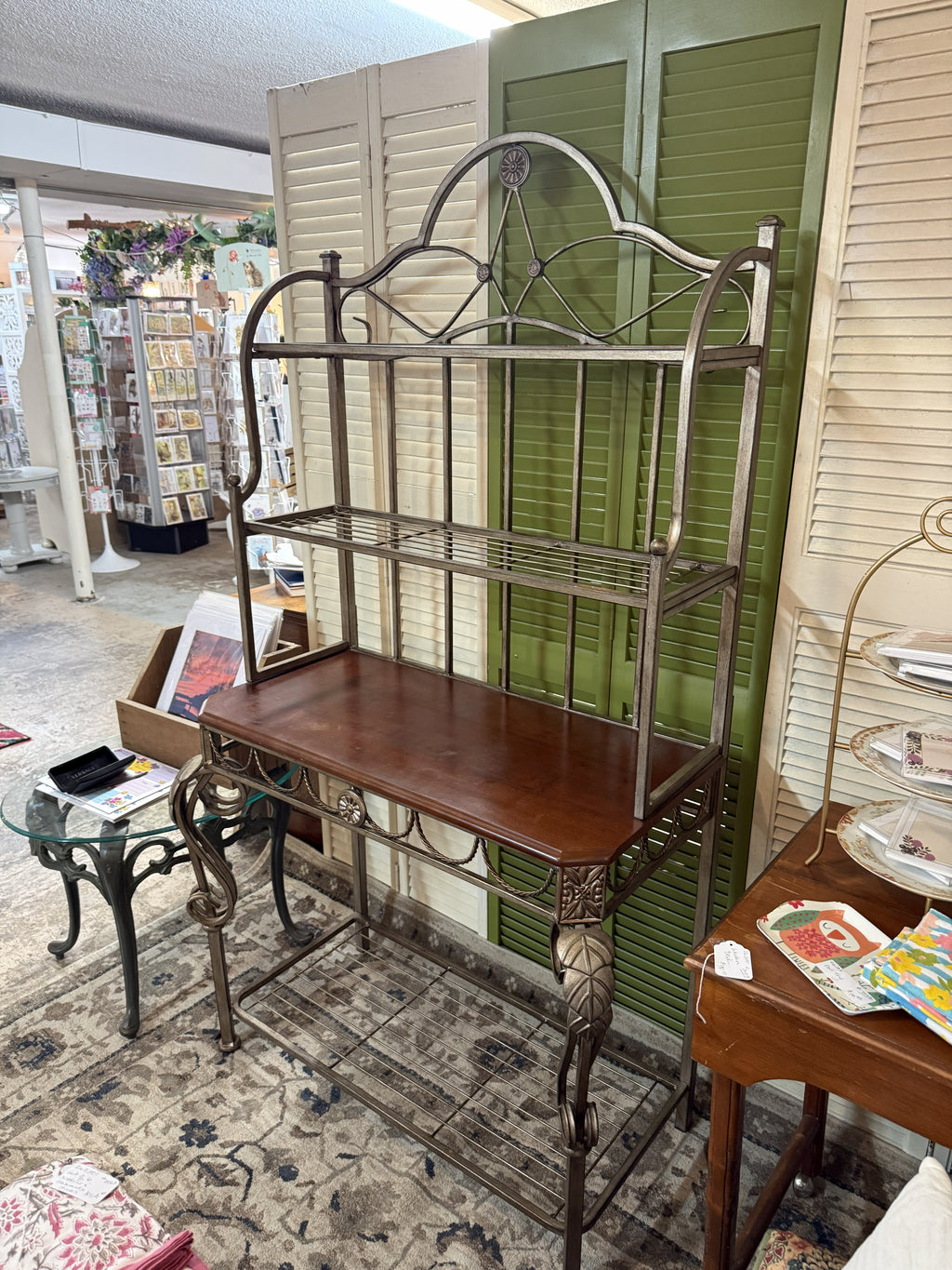 Ornate Metal & Wood Baker's Rack — 3-Shelf Display & Storage