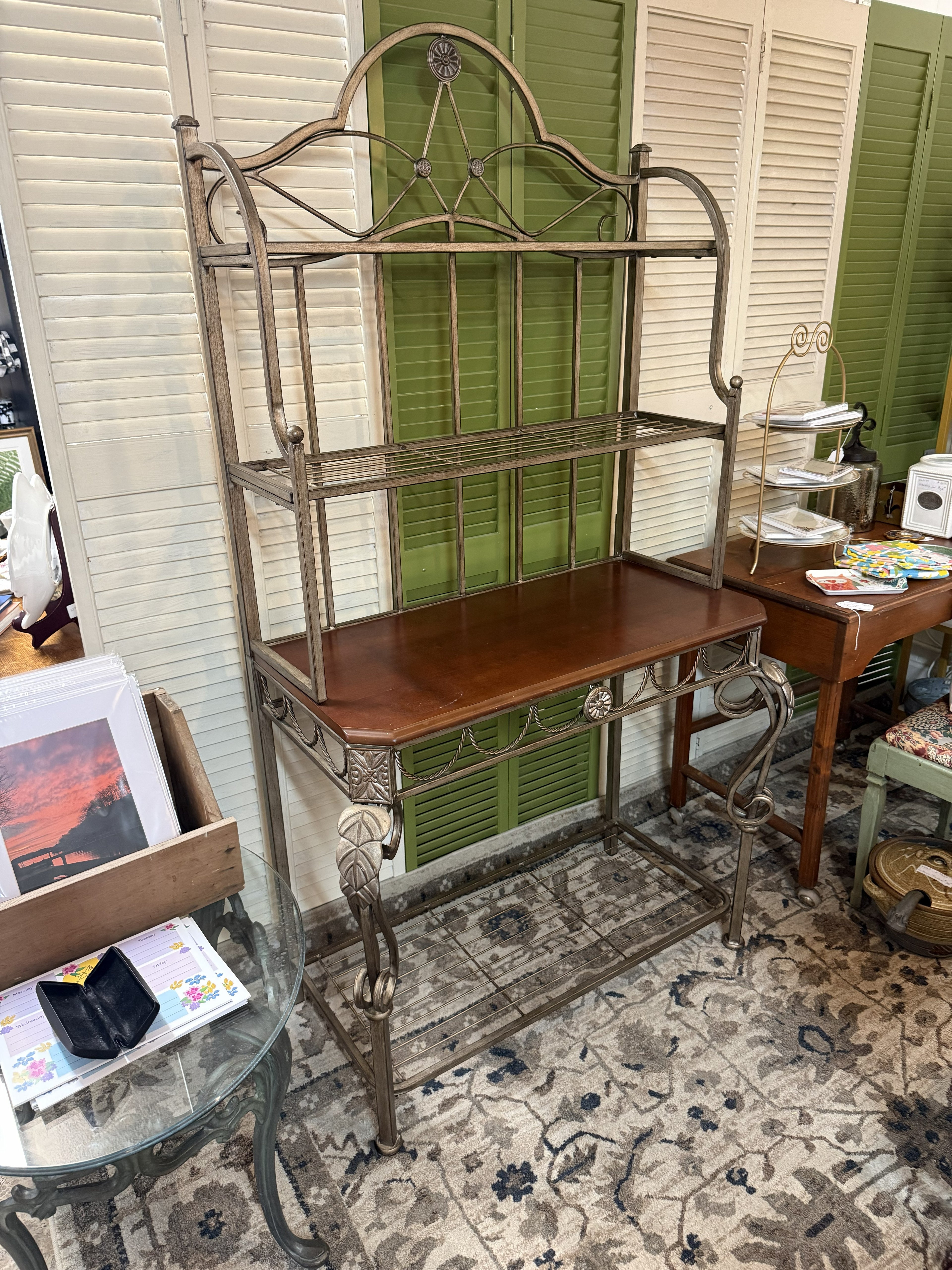 Ornate Metal & Wood Baker's Rack — 3-Shelf Display & Storage