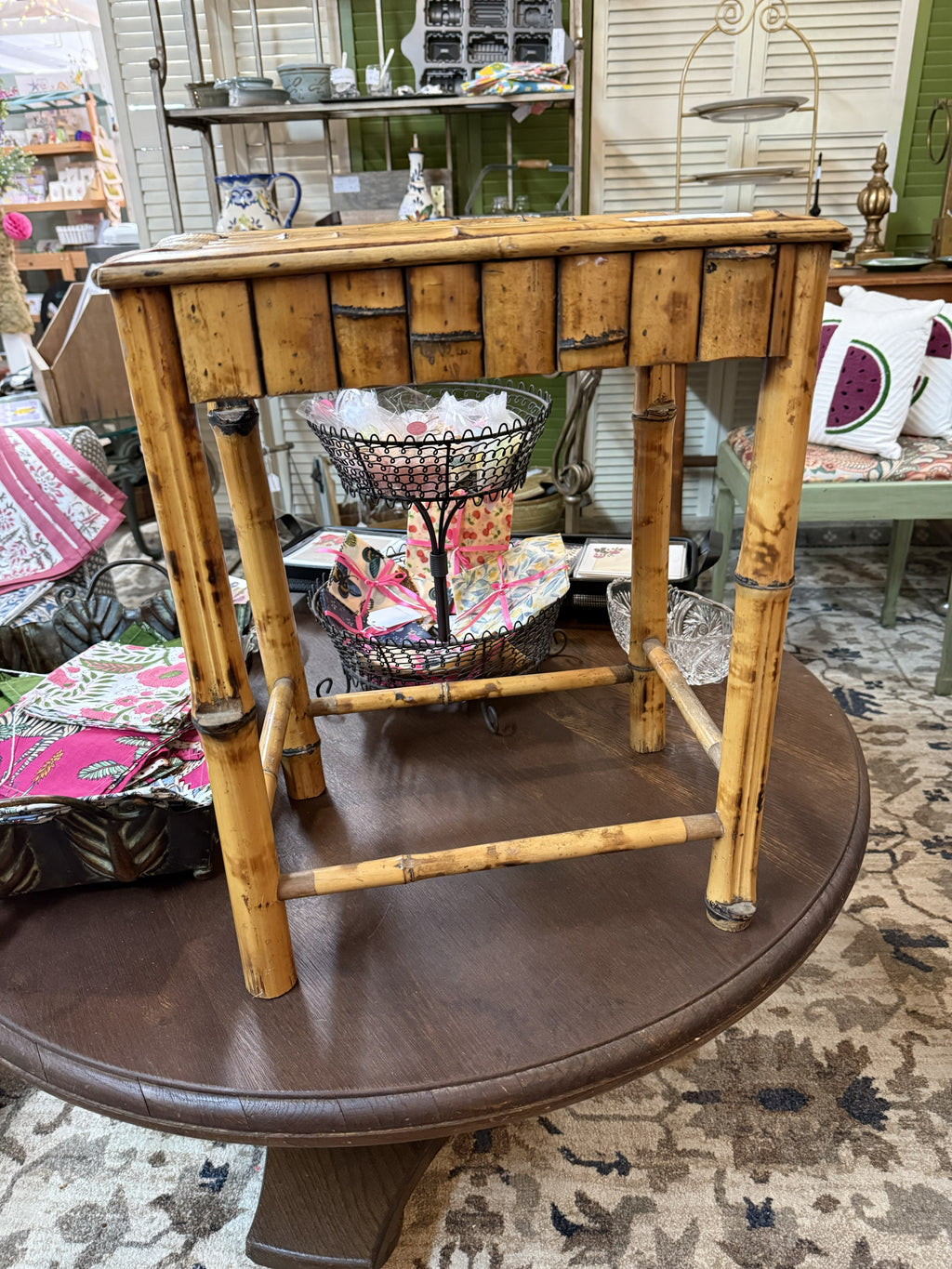 Chinoiserie Tortoiseshell Bamboo Accent Table — Plant Stand or Side Table