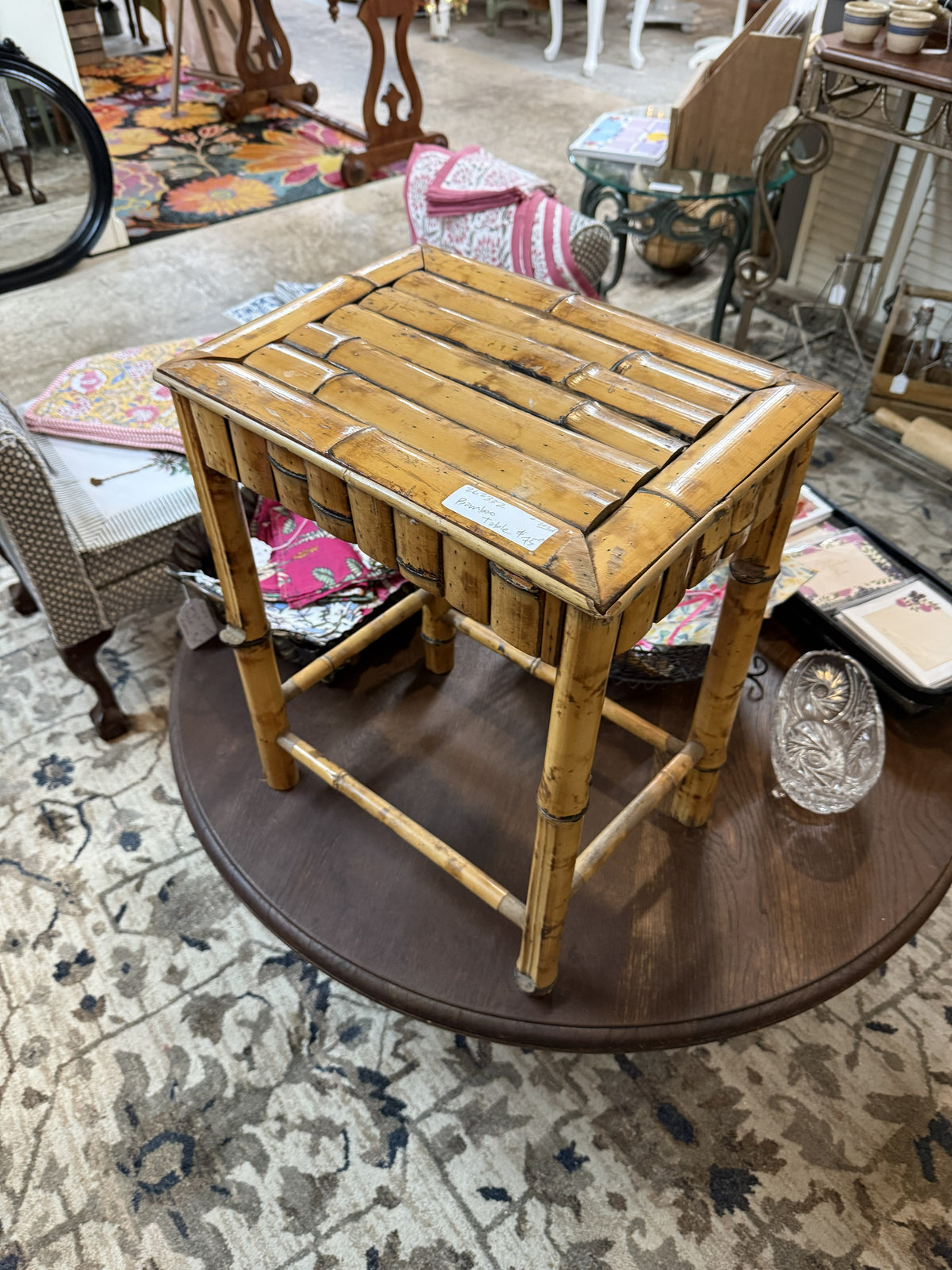 Chinoiserie Tortoiseshell Bamboo Accent Table — Plant Stand or Side Table