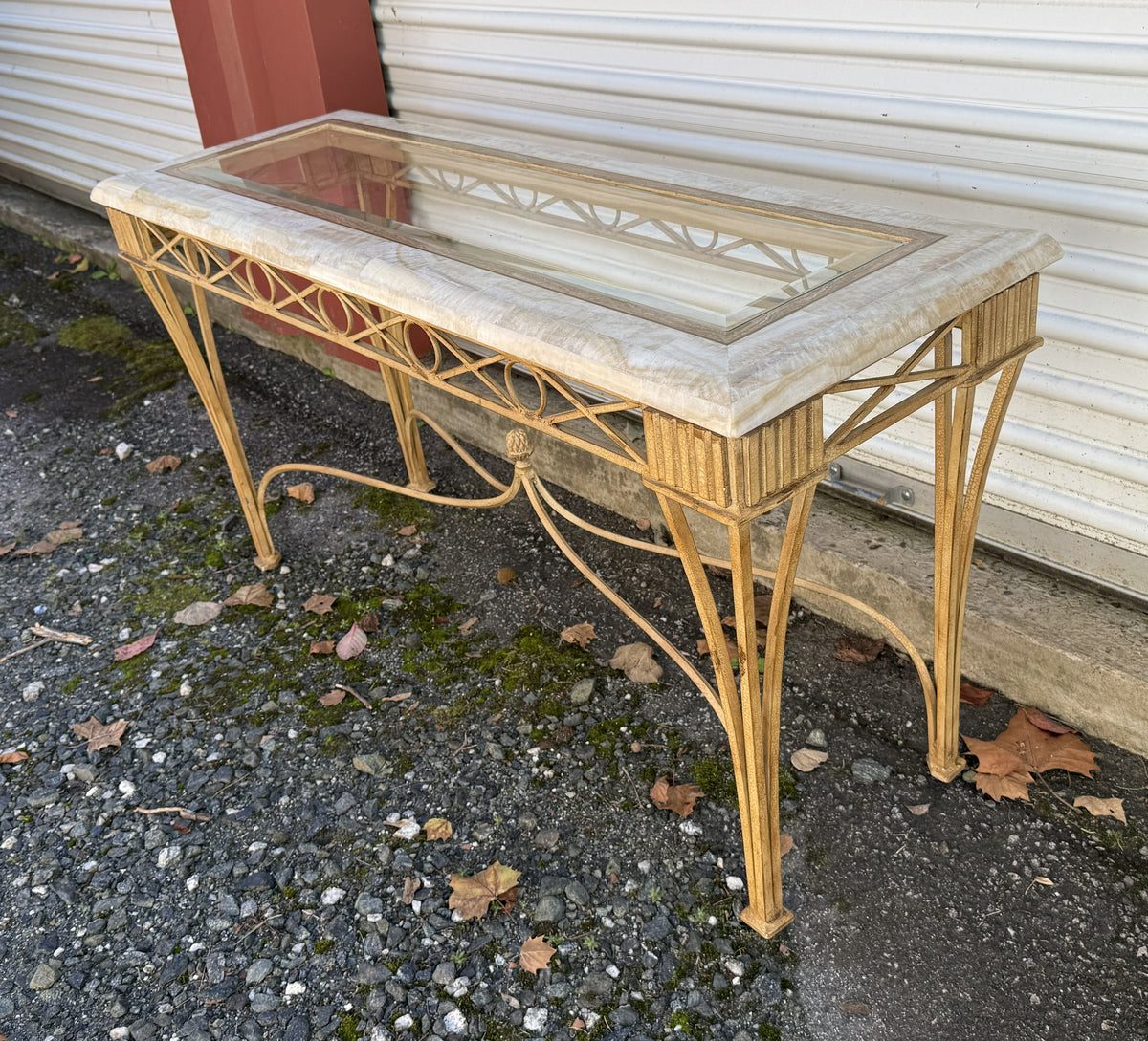 Vintage Neoclassical Glass-Top Sofa Table