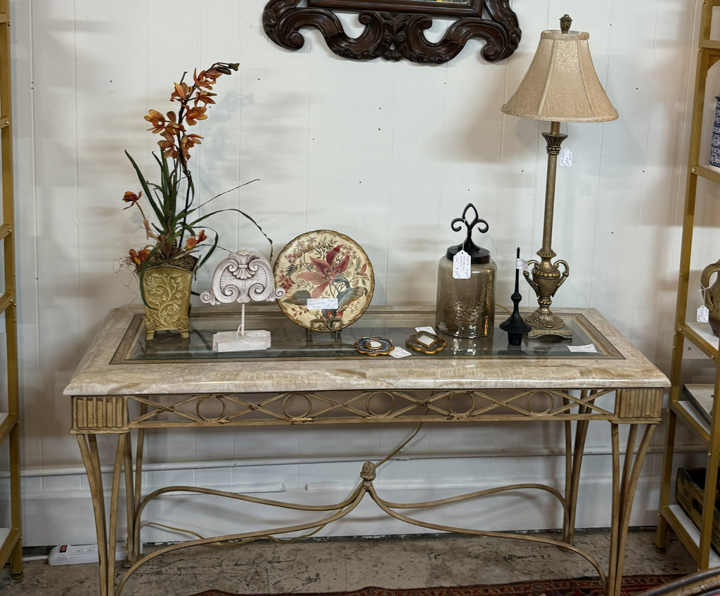 Vintage Neoclassical Glass-Top Sofa Table