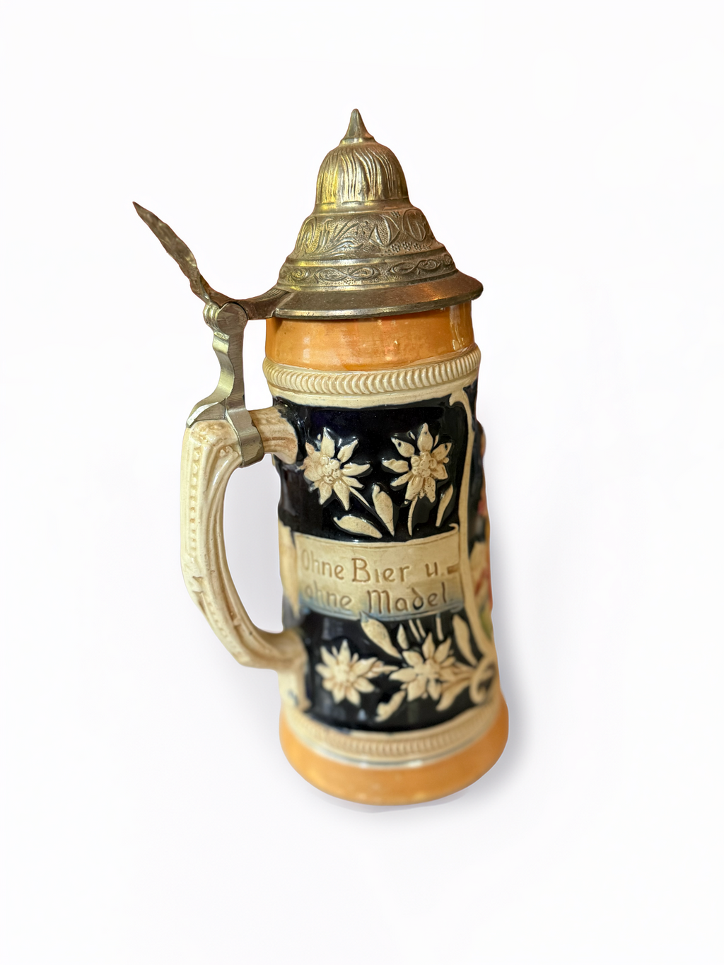 Mid-century Collectible German Beer Stein with Pewter Lid-9.5" x 4"