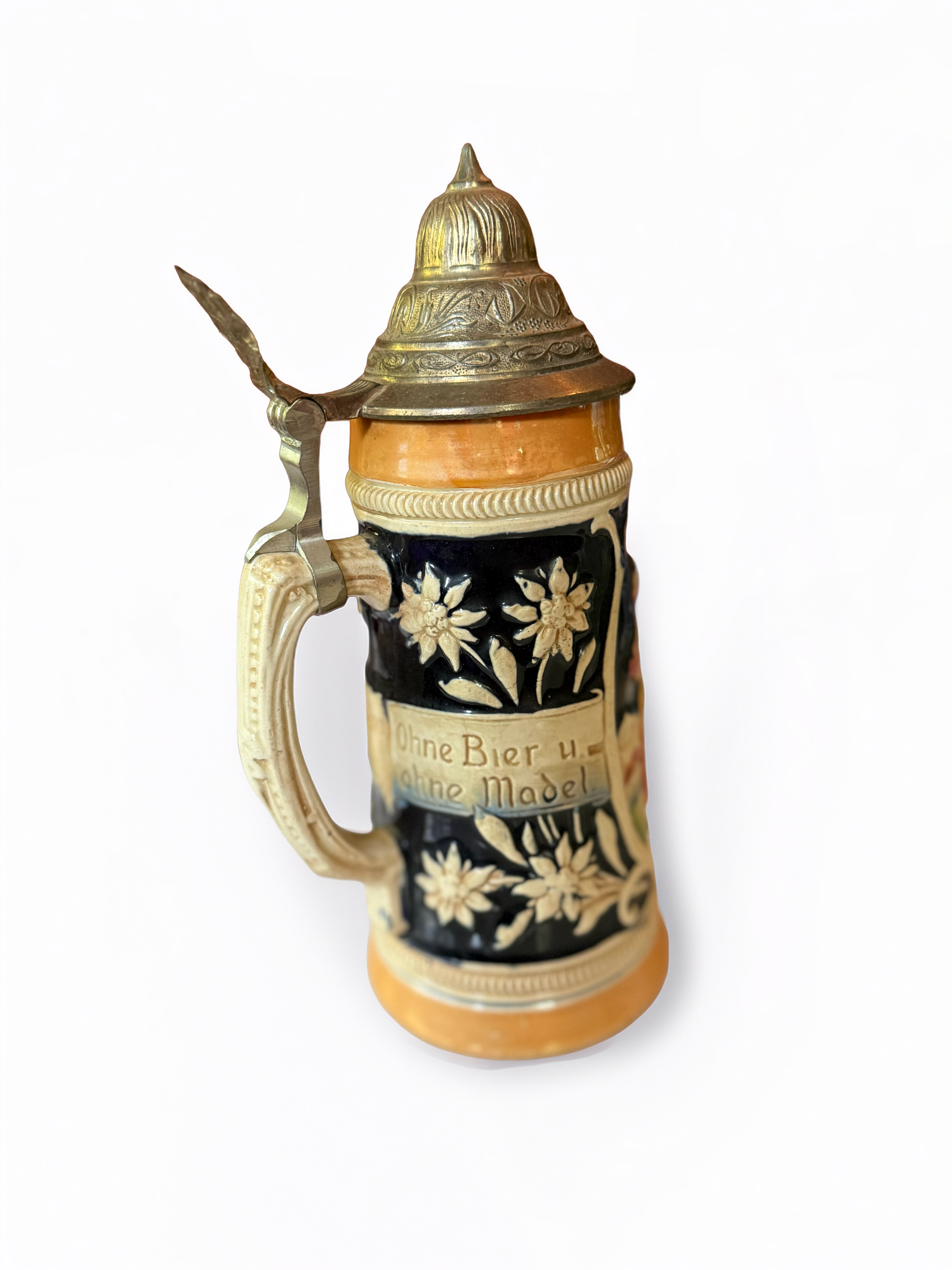 Mid-century Collectible German Beer Stein with Pewter Lid-9.5" x 4"