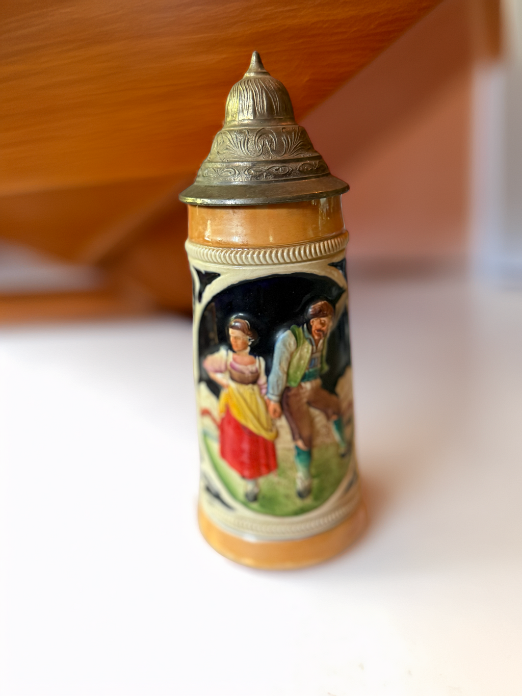 Mid-century Collectible German Beer Stein with Pewter Lid-9.5" x 4"