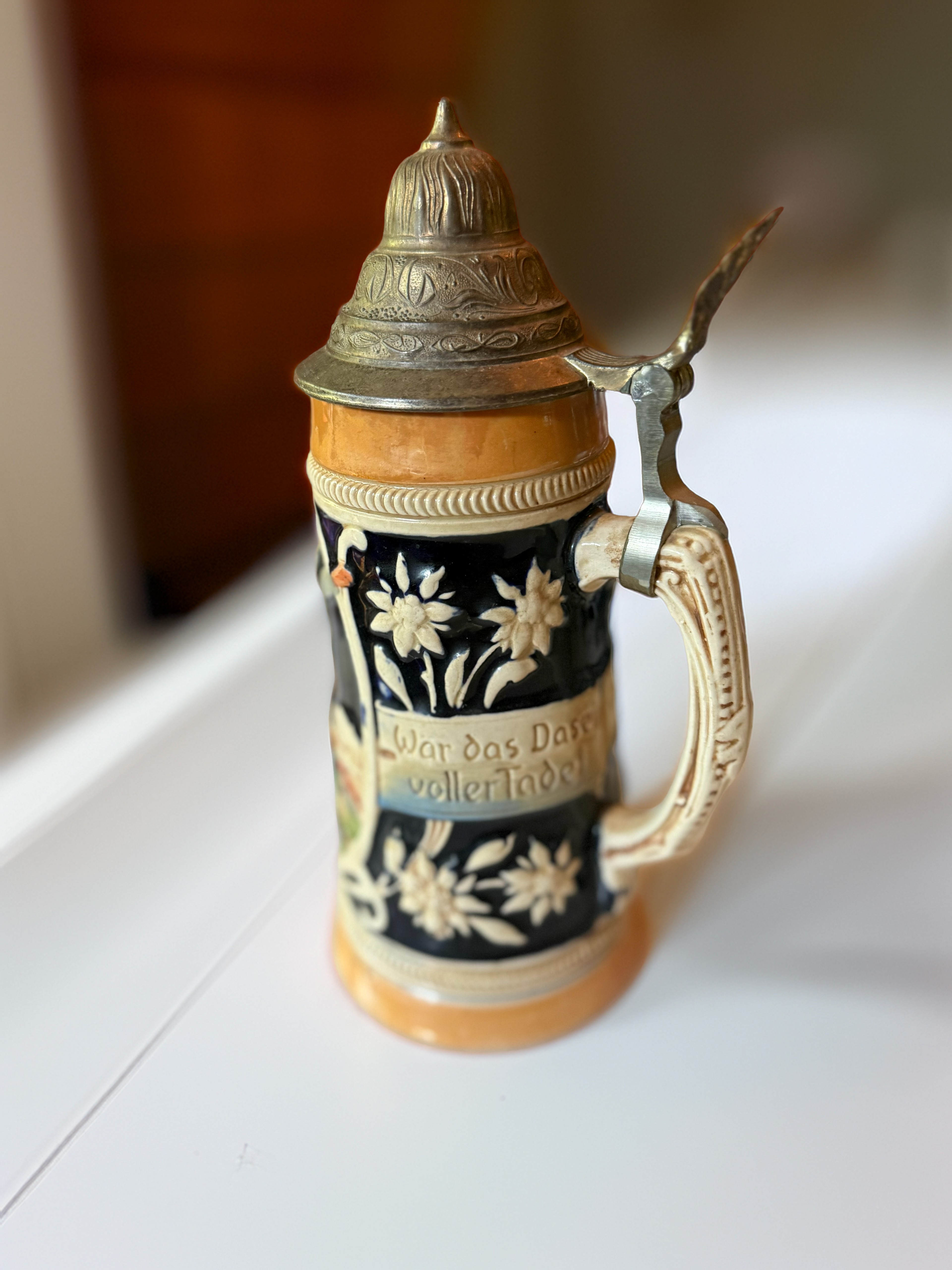 Mid-century Collectible German Beer Stein with Pewter Lid-9.5" x 4"