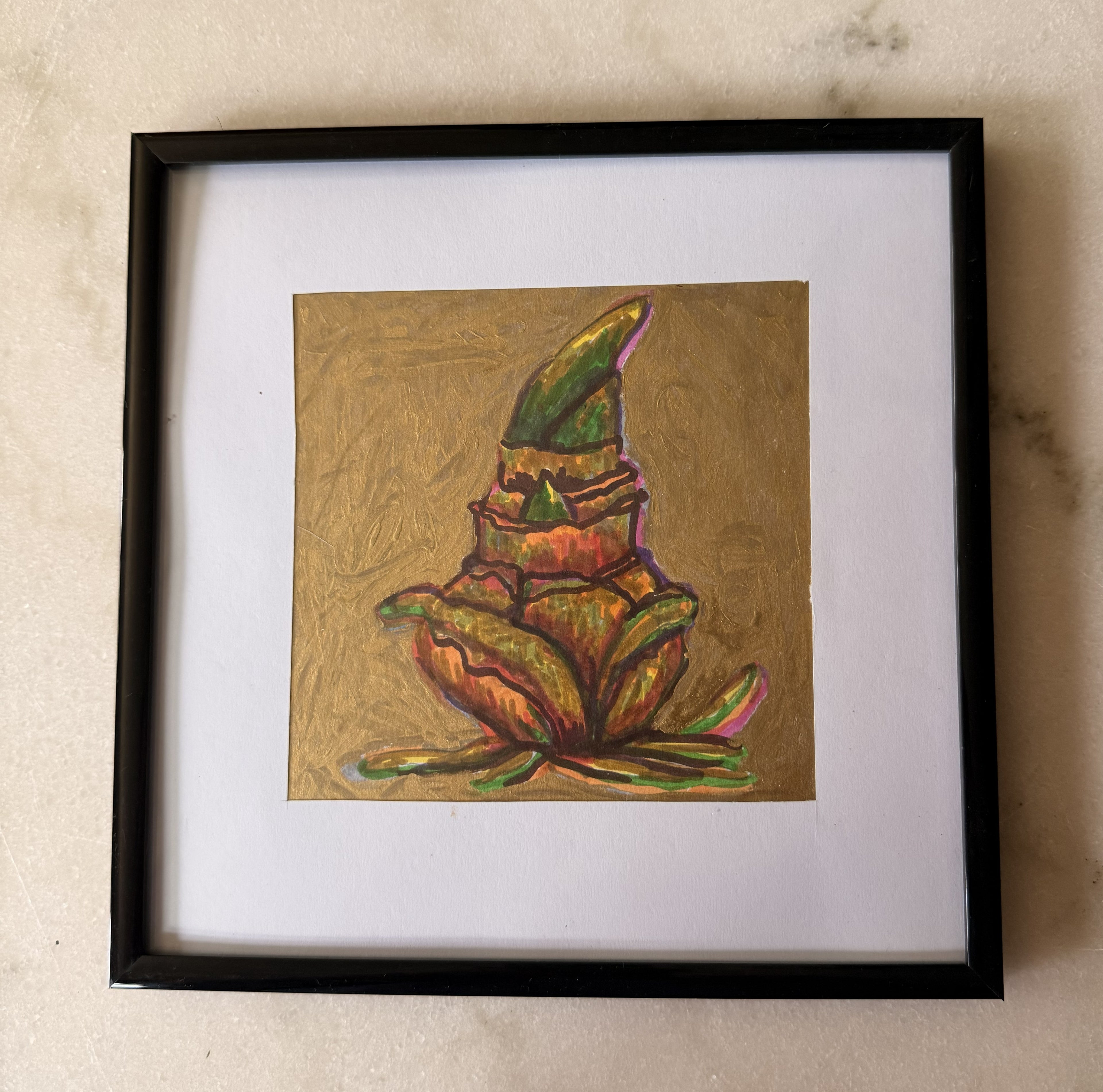 Framed Sprouting Bulb Mixed Media Sketch