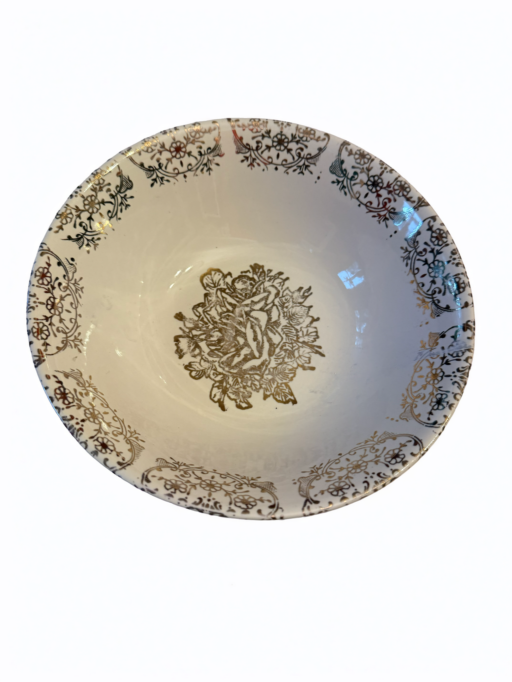 Mid‑Century Gold Floral Transferware Serving Bowl – White Ceramic, Decorative Tableware