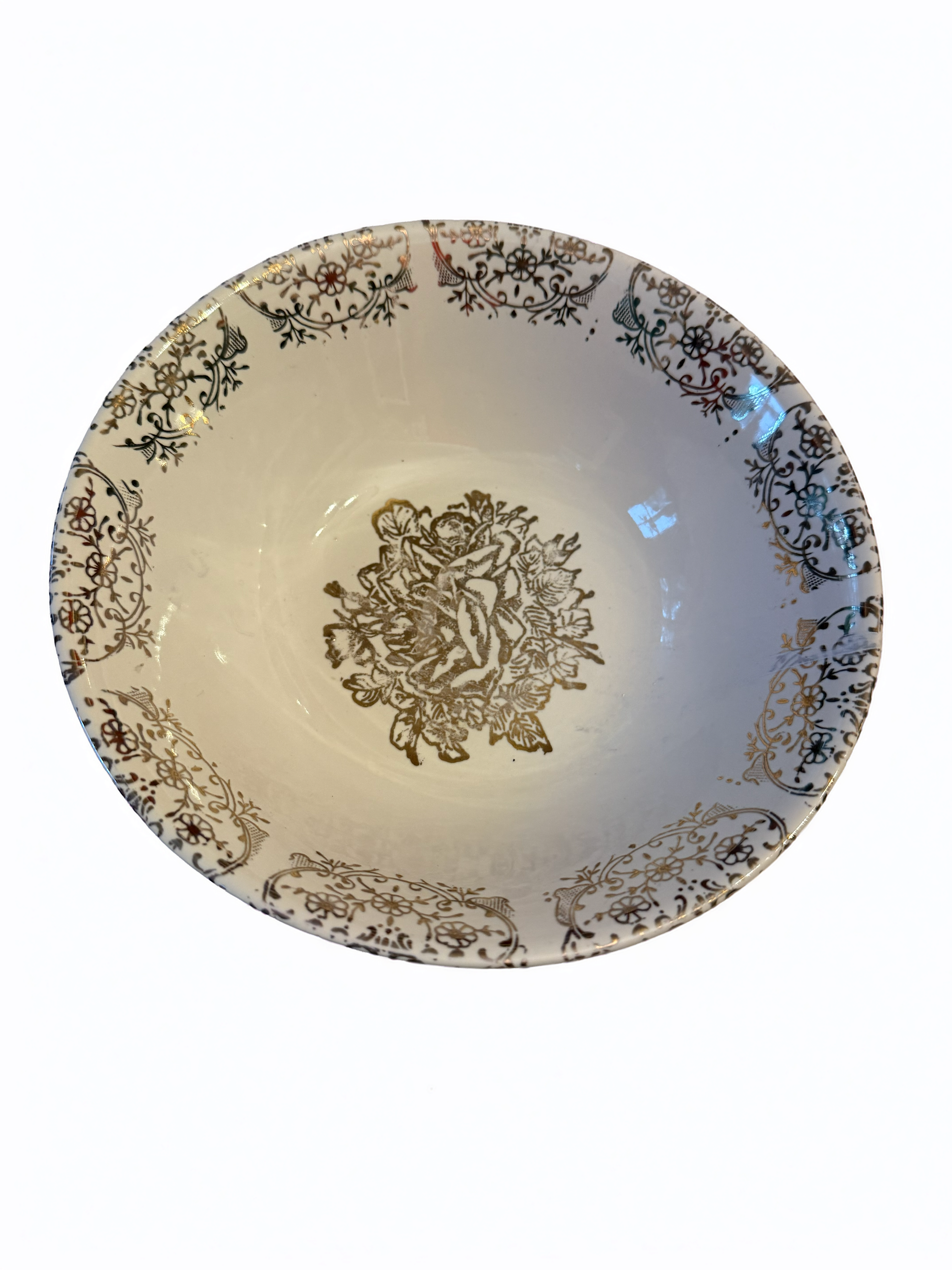 Mid‑Century Gold Floral Transferware Serving Bowl – White Ceramic, Decorative Tableware