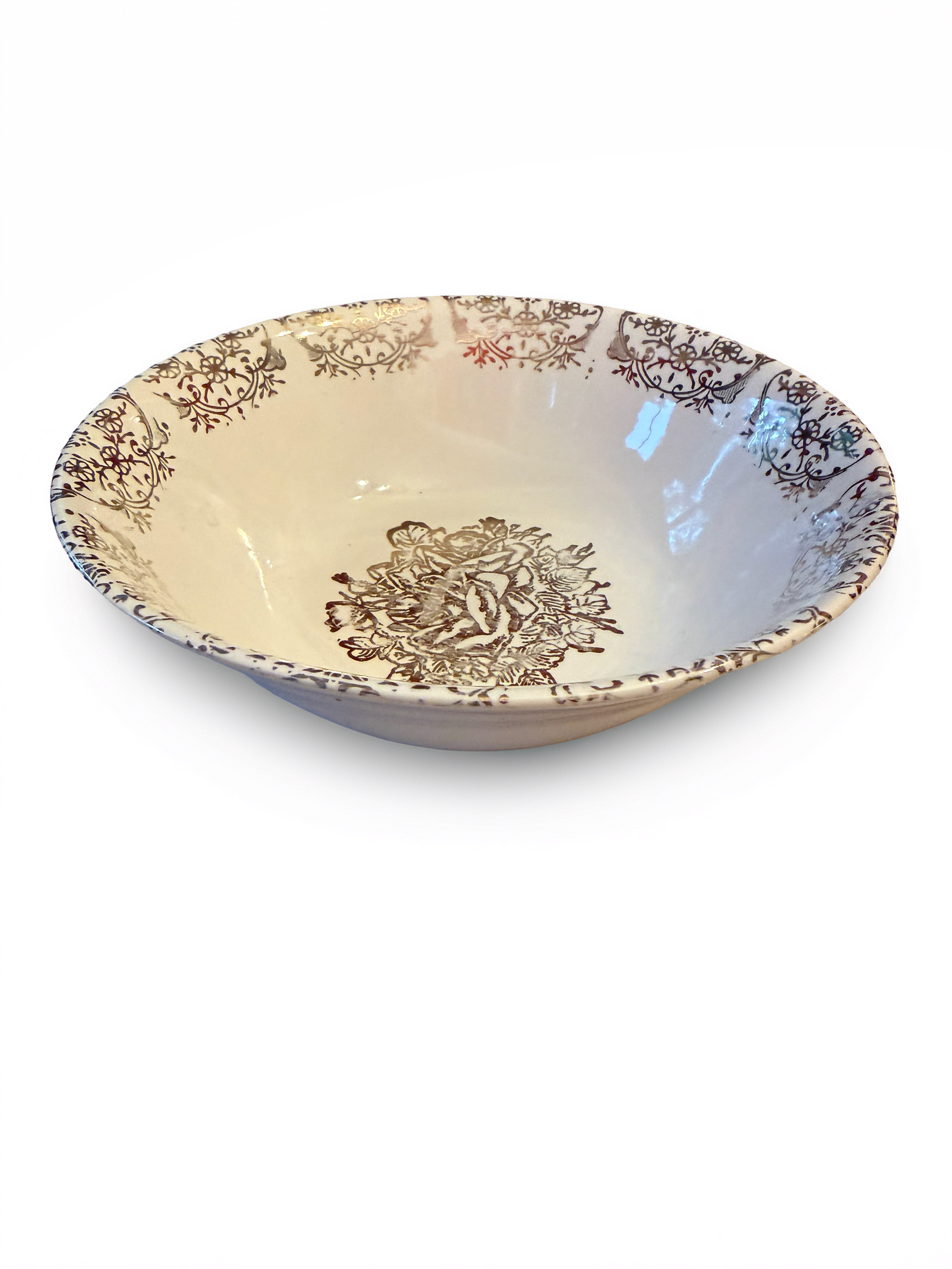 Mid‑Century Gold Floral Transferware Serving Bowl – White Ceramic, Decorative Tableware