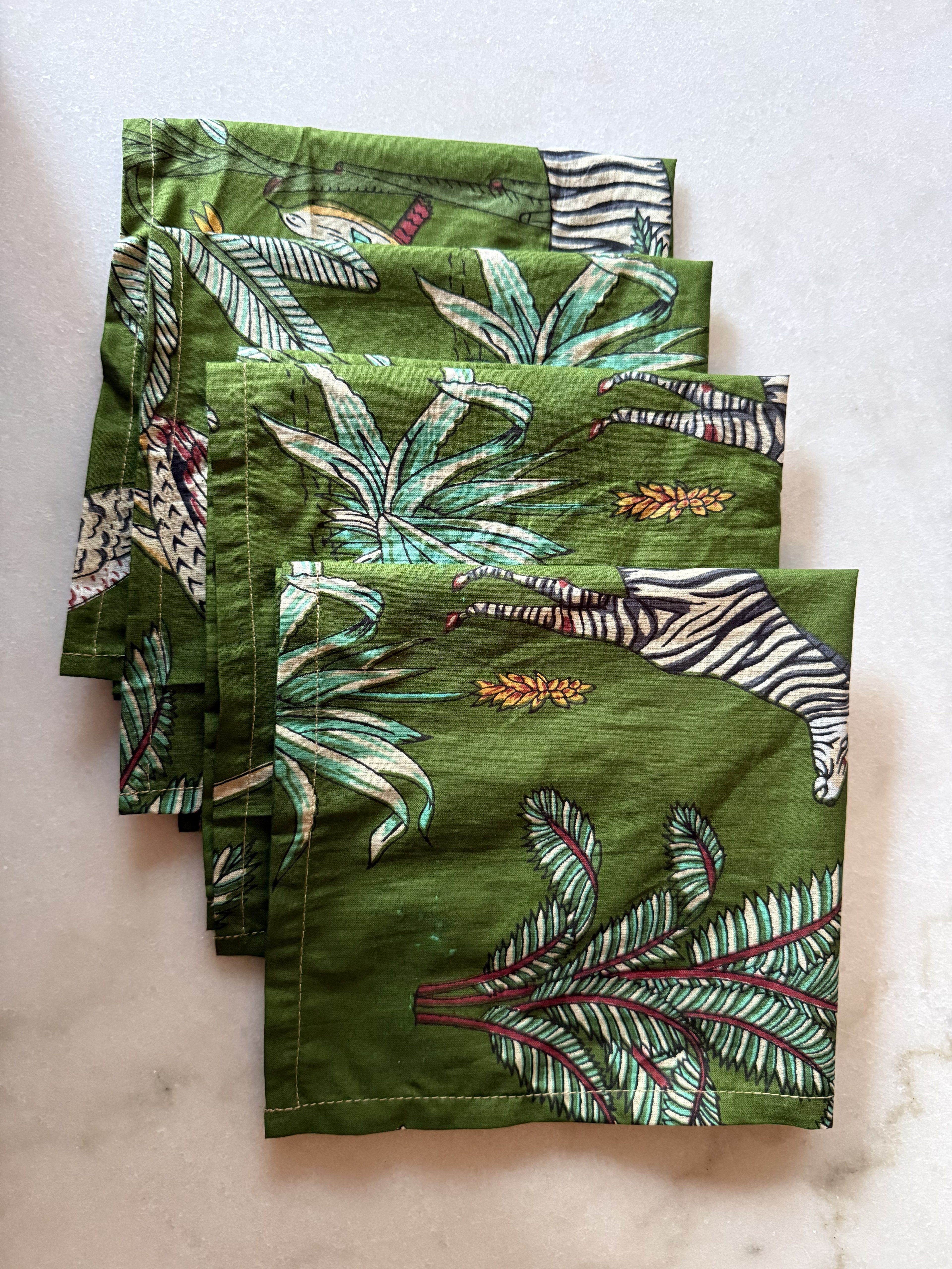 Set of 4 Hand Block Printed Cotton Napkins - Green Jungle Safari Cloth Dinner Napkins — vintage item from Guest House Vintage Treasures (view 2)