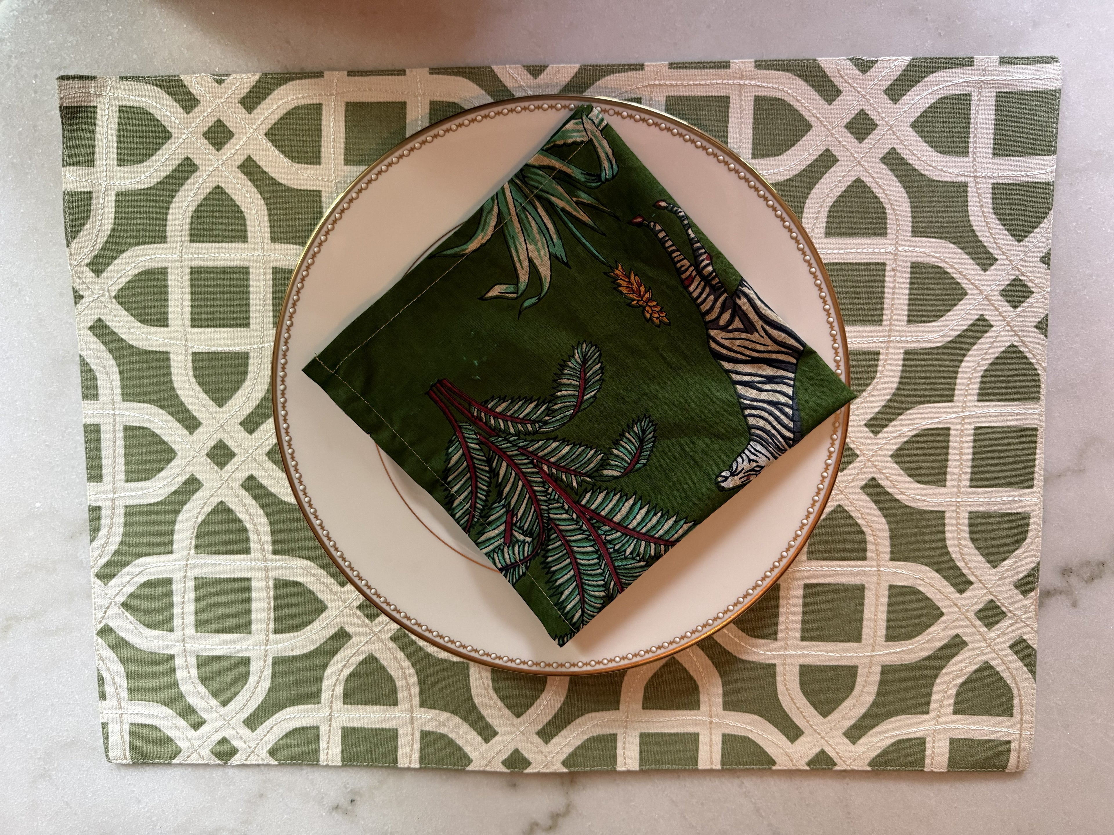 Set of 4 Hand Block Printed Cotton Napkins - Green Jungle Safari Cloth Dinner Napkins — vintage item from Guest House Vintage Treasures (view 3)
