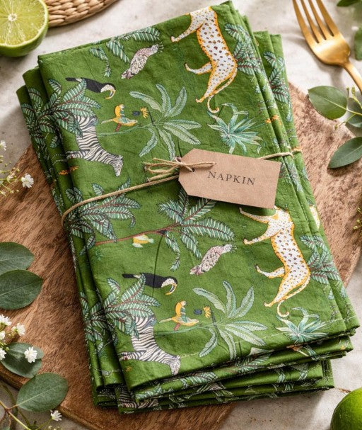 Set of 4 Hand Block Printed Cotton Napkins - Green Jungle Safari Cloth Dinner Napkins — vintage item from Guest House Vintage Treasures (view 1)