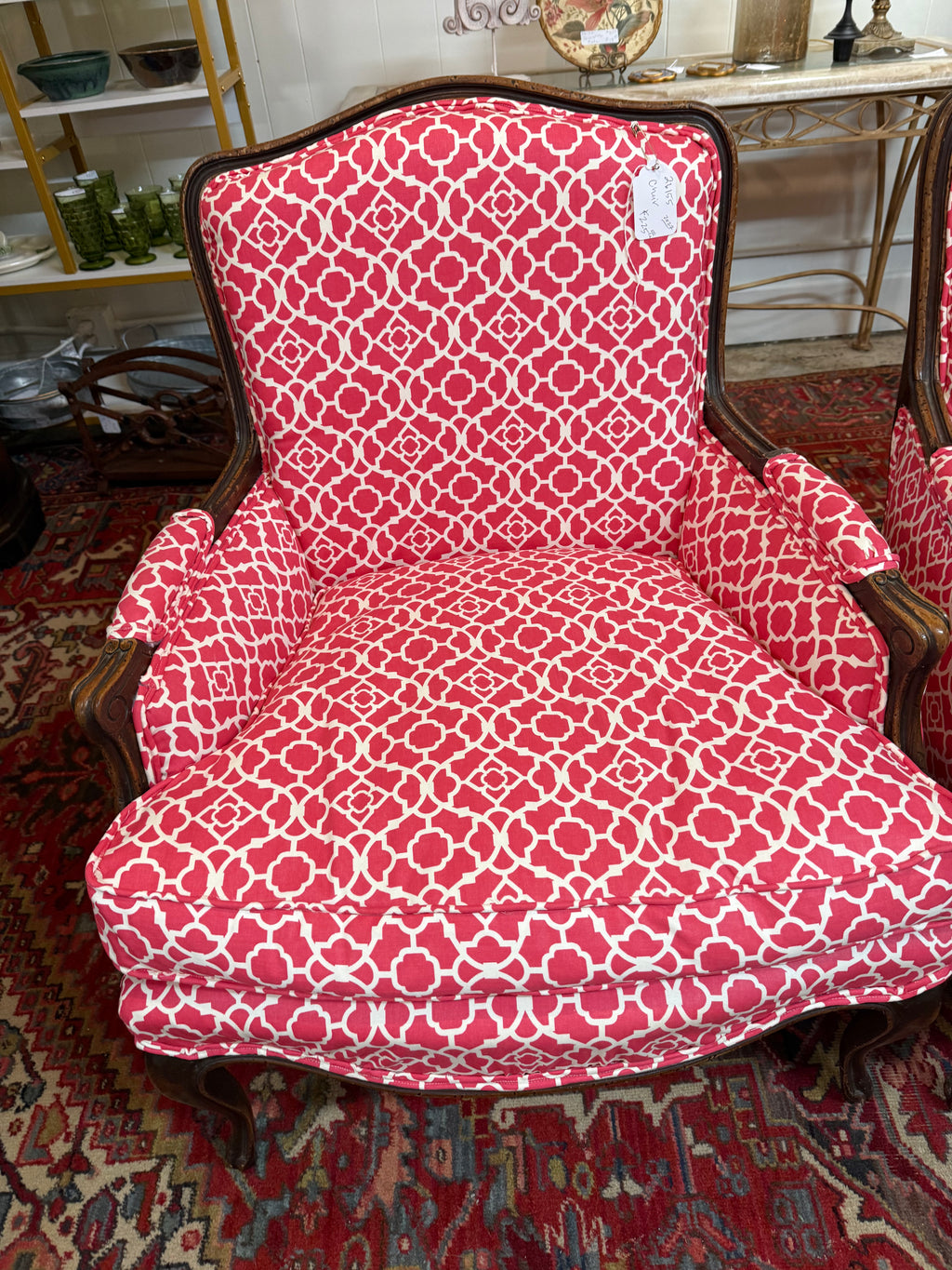 Pair of Vintage French Bergère Armchairs in Raspberry Quatrefoil