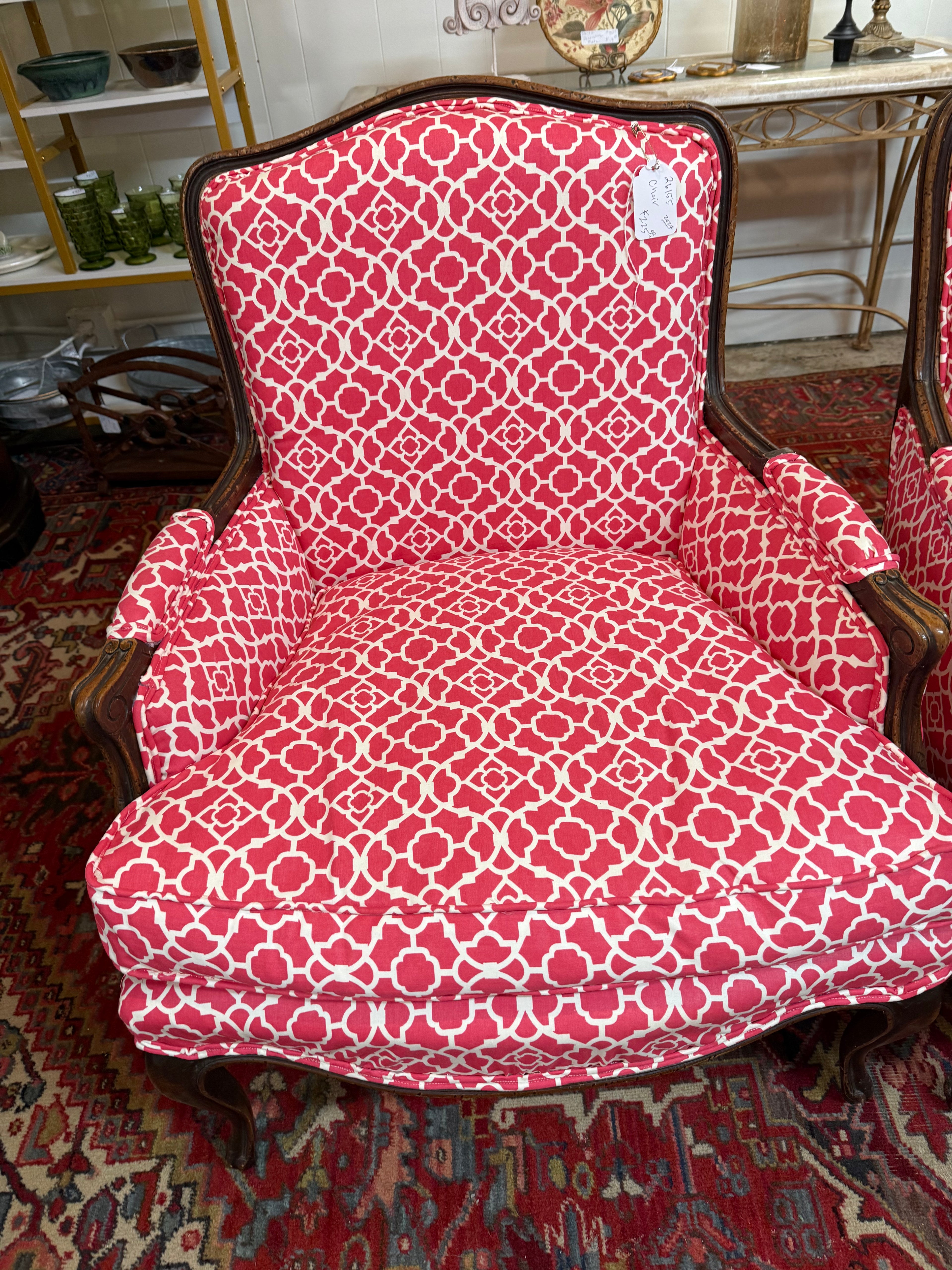 Pair of Vintage French Bergère Armchairs in Raspberry Quatrefoil