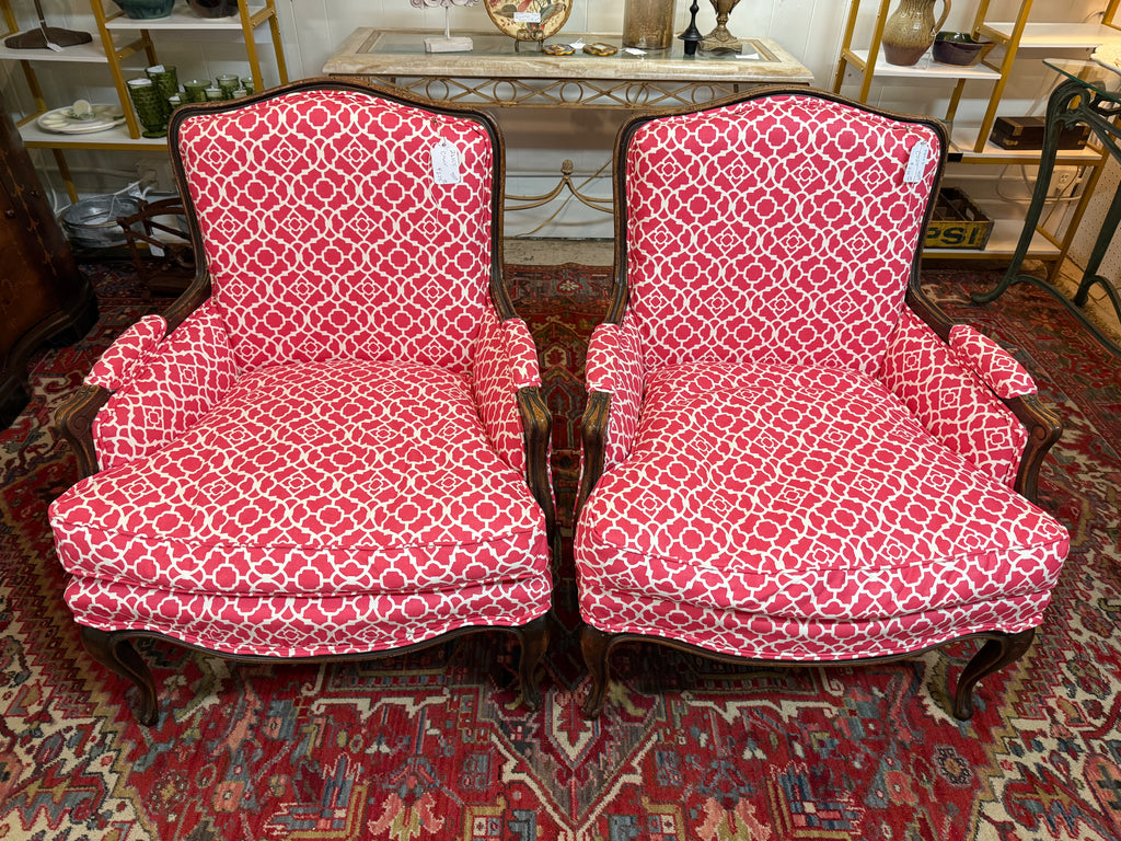 Pair of Vintage French Bergère Armchairs in Raspberry Quatrefoil