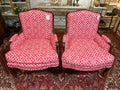 Pair of Vintage French Bergère Armchairs in Raspberry Quatrefoil
