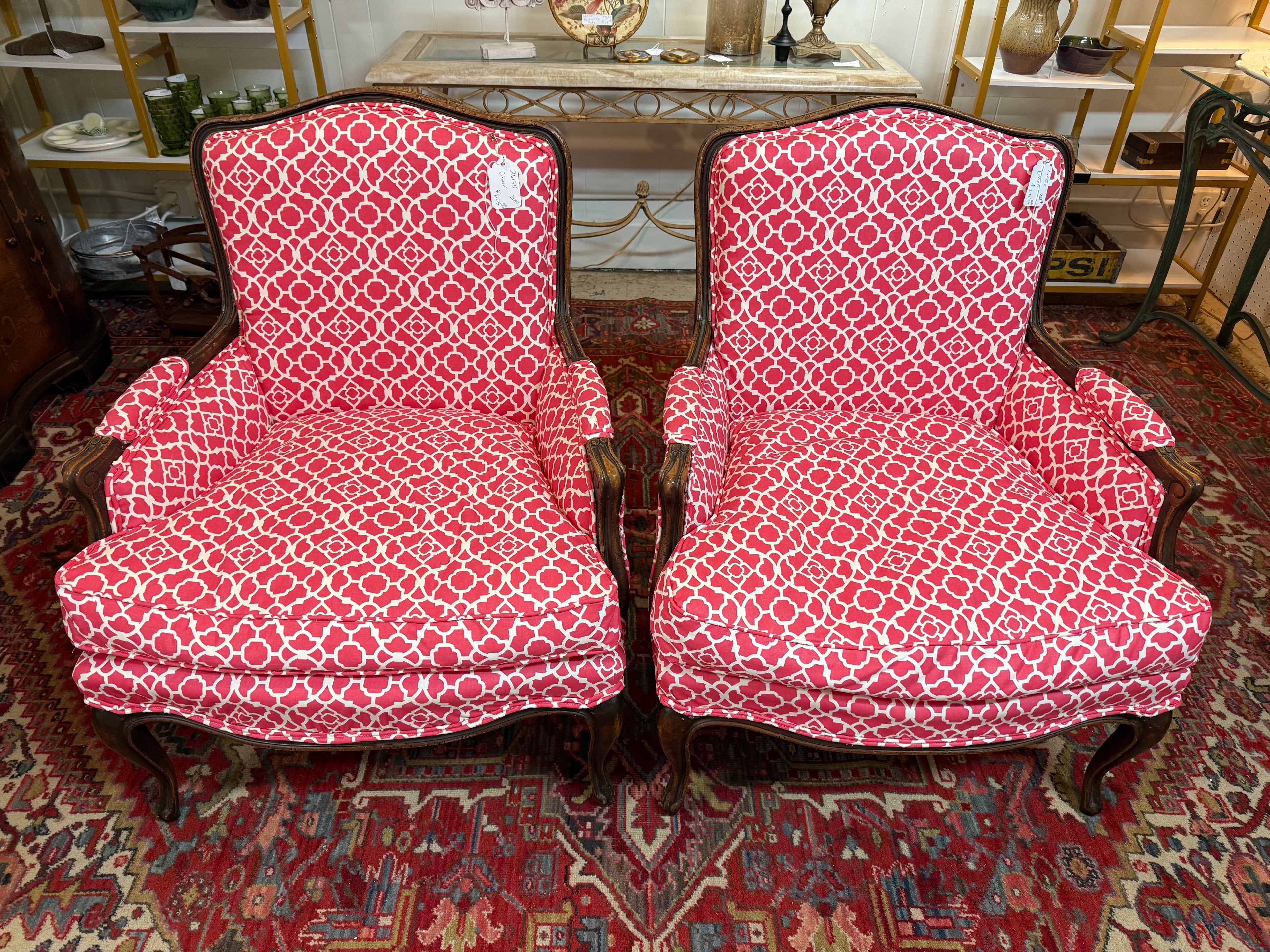 Pair of Vintage French Bergère Armchairs in Raspberry Quatrefoil