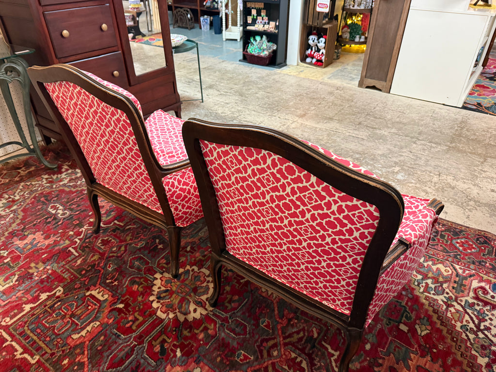 Pair of Vintage French Bergère Armchairs in Raspberry Quatrefoil
