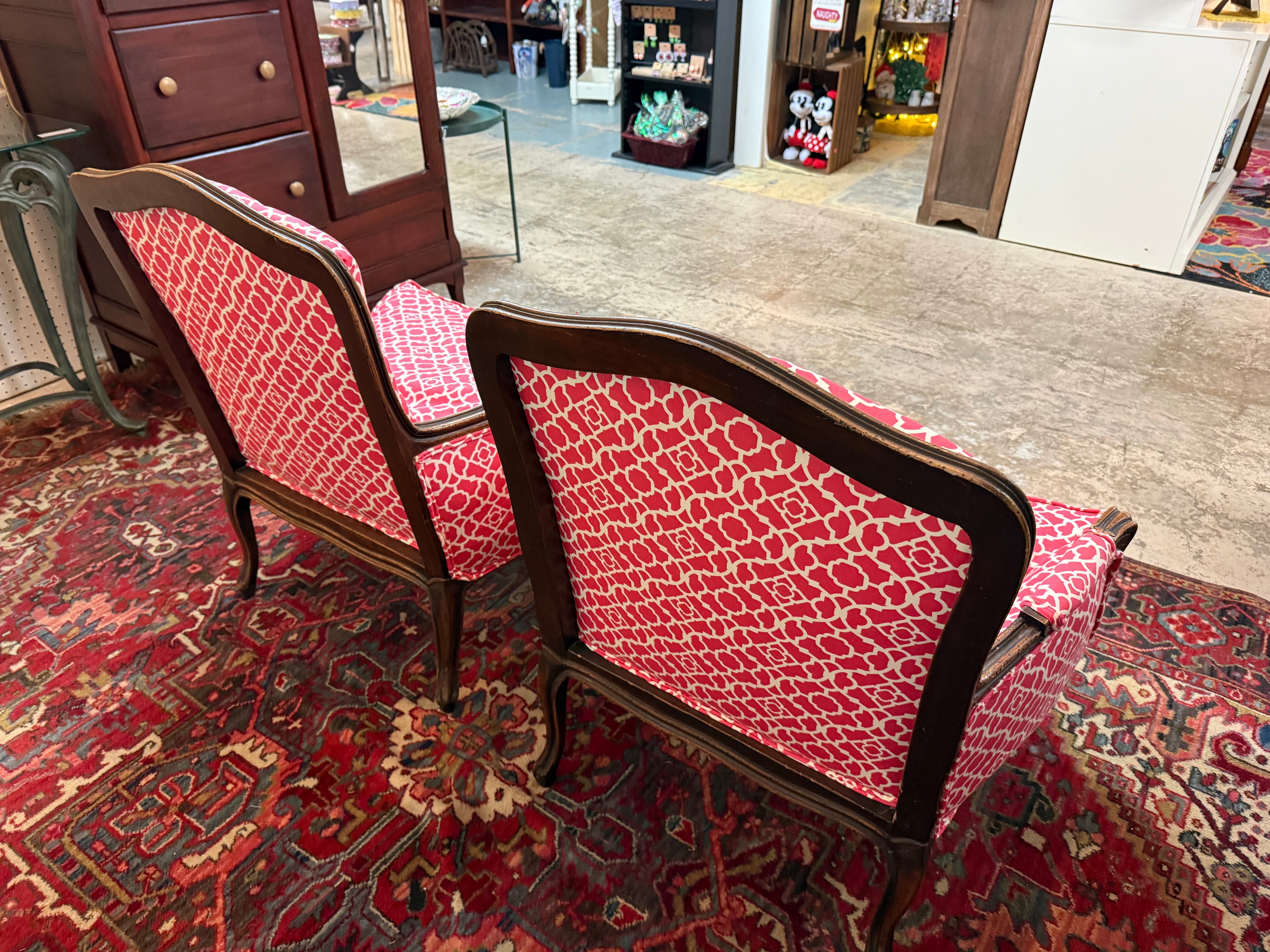 Pair of Vintage French Bergère Armchairs in Raspberry Quatrefoil