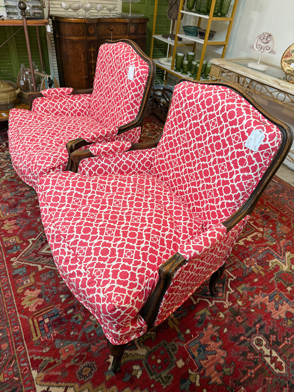 Pair of Vintage French Bergère Armchairs in Raspberry Quatrefoil