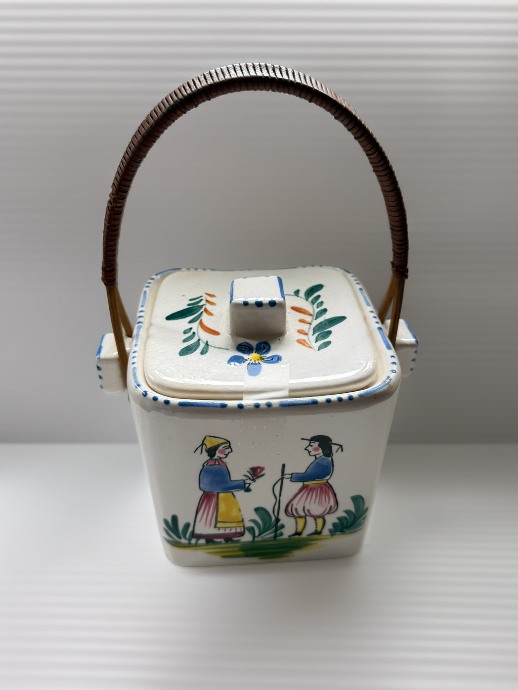 Vintage Ceramic Japanese Basket with Bamboo Handle