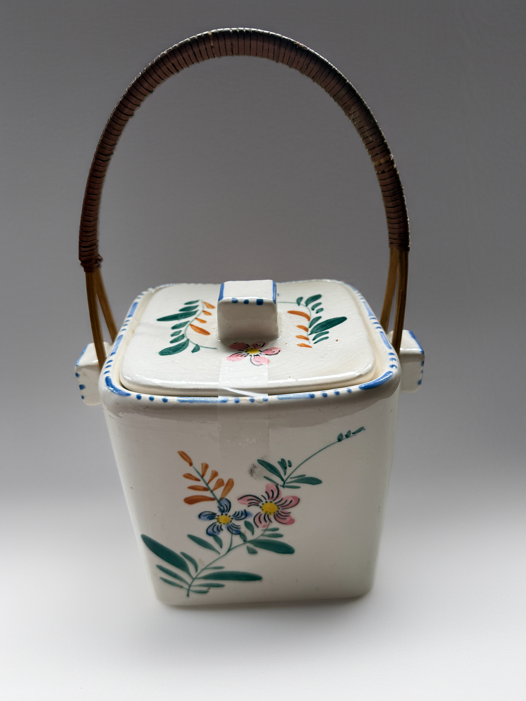 Vintage Ceramic Japanese Basket with Bamboo Handle
