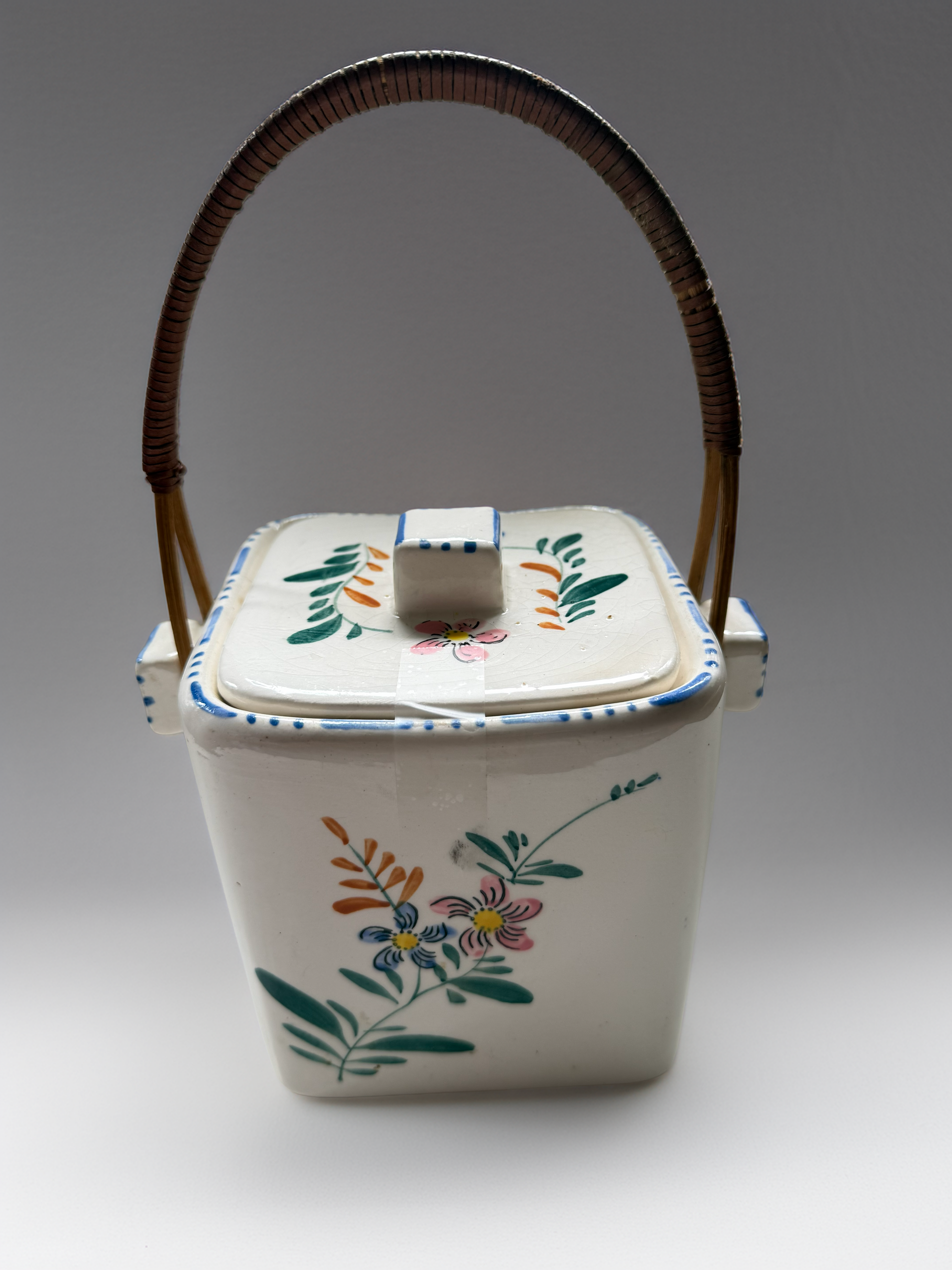 Vintage Ceramic Japanese Basket with Bamboo Handle