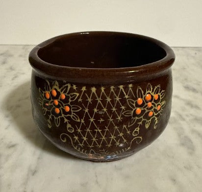 Vintage Japanese Moriage Cup/Dish | Brown Redware Pottery with Hand-Painted Floral Design