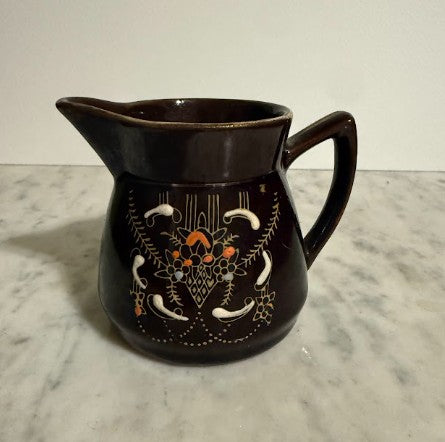Vintage Japanese Moriage Creamer Pitcher | Brown Redware Pottery with Hand-Painted Floral Design