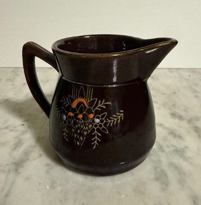 Vintage Japanese Moriage Creamer Pitcher | Brown Redware Pottery with Hand-Painted Floral Design