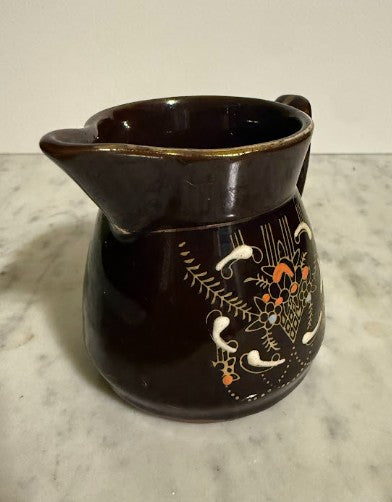 Vintage Japanese Moriage Creamer Pitcher | Brown Redware Pottery with Hand-Painted Floral Design