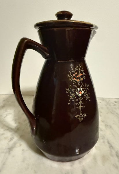 Vintage Japanese Moriage Redware Lidded Pitcher with Hand-Painted Floral Design and Gold Accents