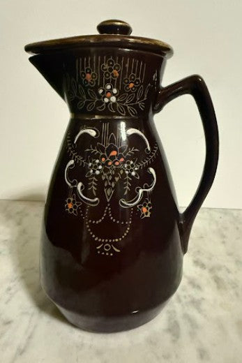 Vintage Japanese Moriage Redware Lidded Pitcher with Hand-Painted Floral Design and Gold Accents