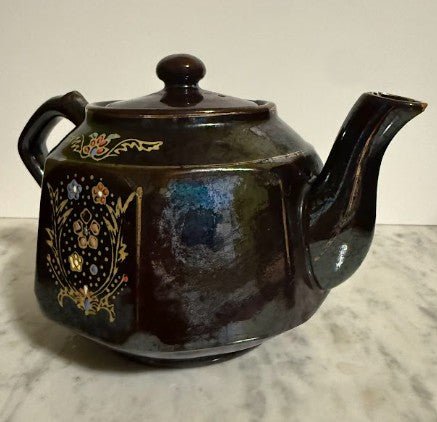 Vintage Japanese Moriage Brown Redware Teapot with Hand-Painted Floral Design