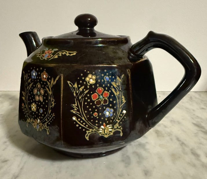 Vintage Japanese Moriage Brown Redware Teapot with Hand-Painted Floral Design