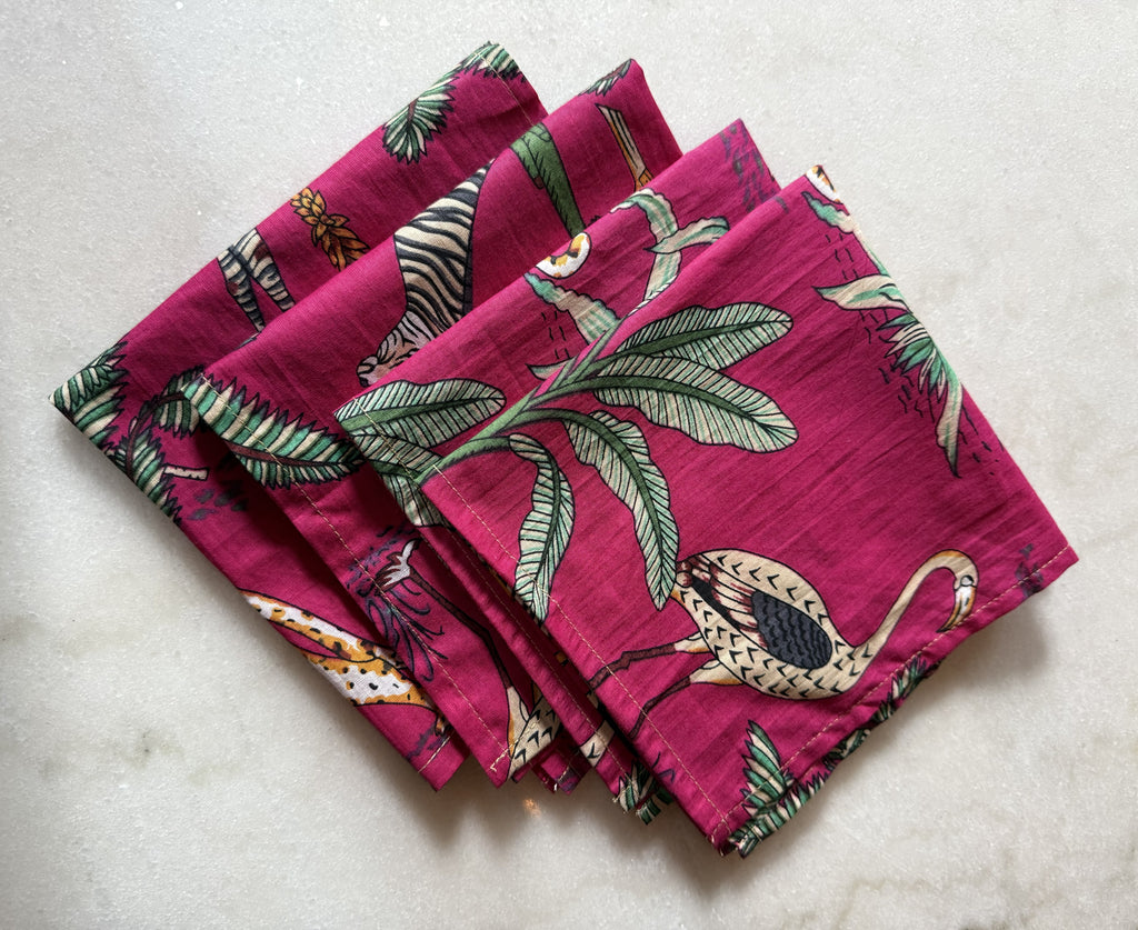 Hand Block Printed Cotton Napkin Pink Jungle Safari Cloth Napkins Zebra Leopard Table Linens Reusable Eco Friendly Dinner Napkins