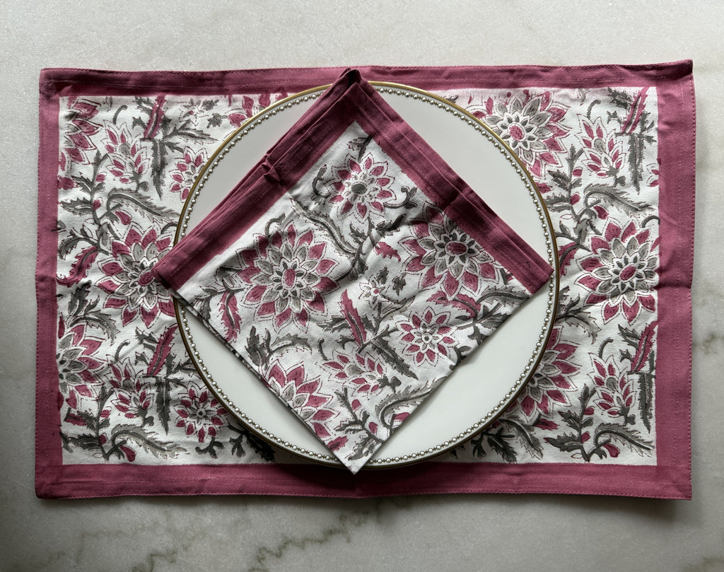 Handmade Block Print Cotton Placemats Set of 6 with Matching Napkins