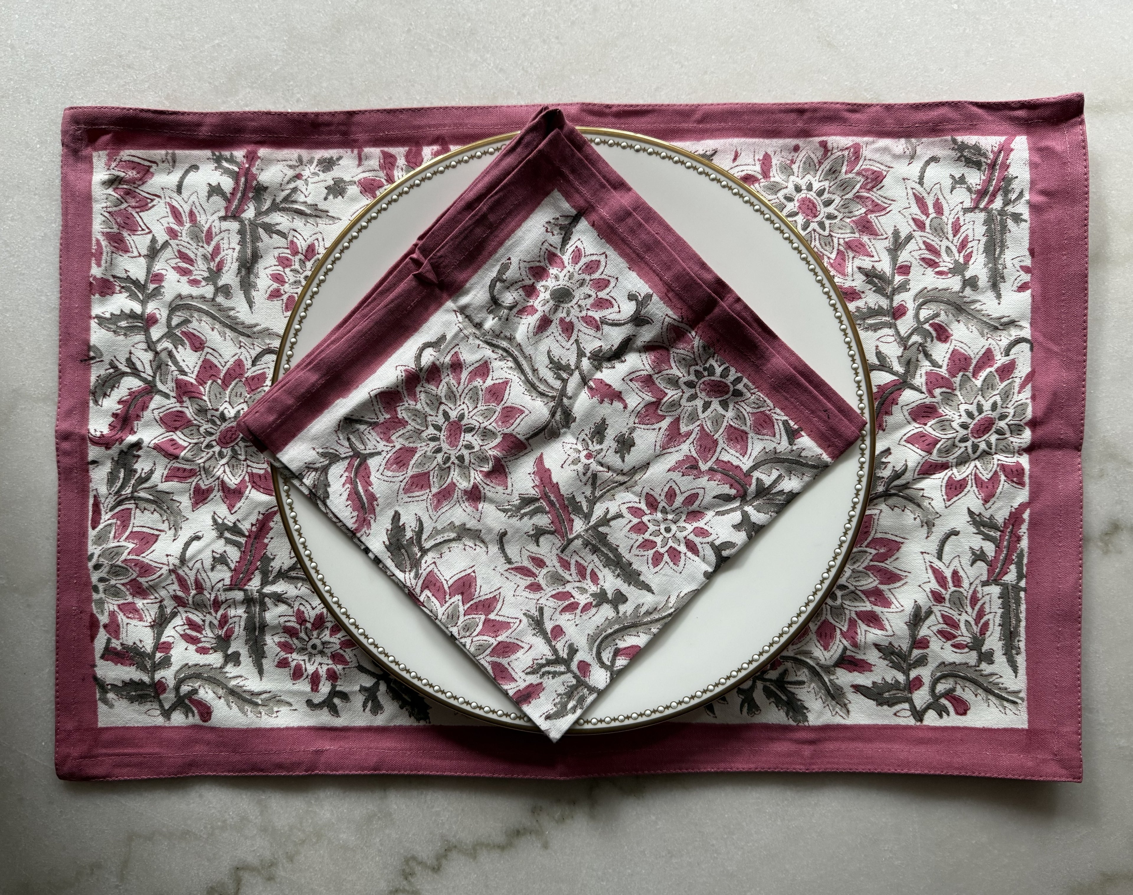 Handmade Block Print Cotton Placemats Set of 6 with Matching Napkins