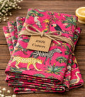 Set of 4 Hand Block Printed Cotton Napkins - Pink Jungle Safari Cloth Dinner Napkins — vintage item from Guest House Vintage Treasures (view 1)