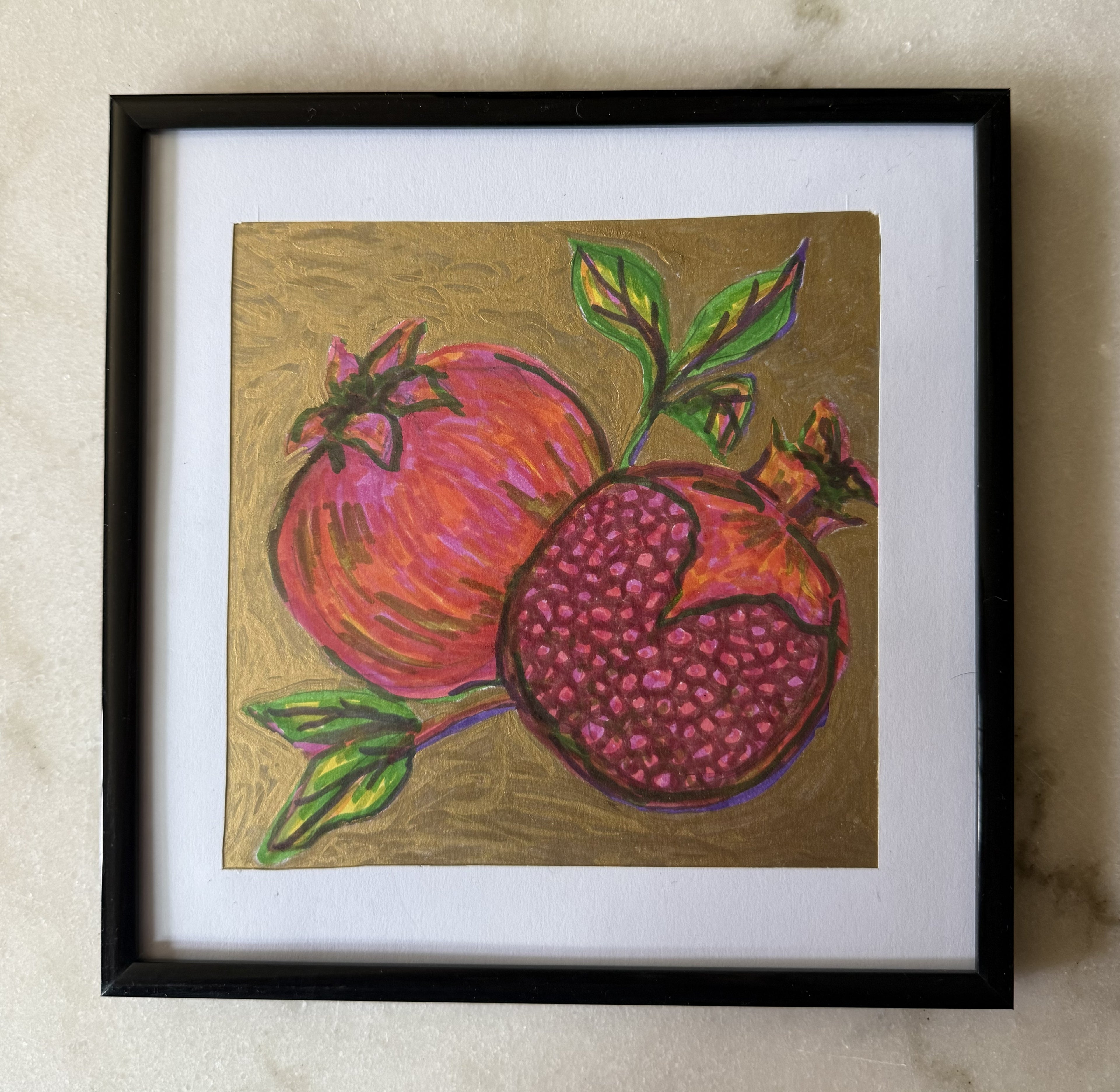 Framed Mixed Media Sketch of Two Pomegranates