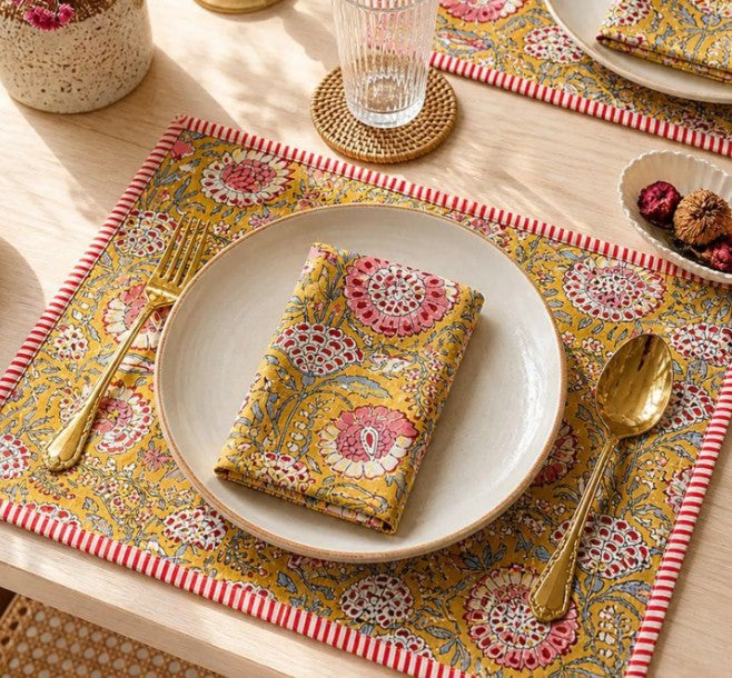 Cotton Quilted Placemats Set of 4, Reversible Floral Block Print Napkins and Place Mats — Table Linens item from Guest House Vintage Treasures (view 1)