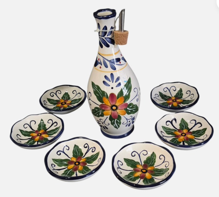 Seven Piece Whole Home Painted Talavera Style Olive Oil Dipping Set — vintage item from Guest House Vintage Treasures (view 1)